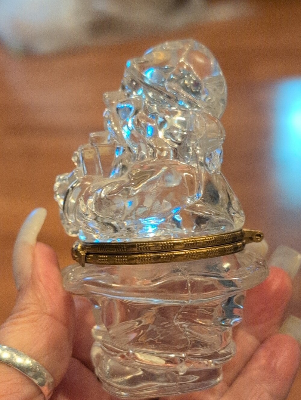 Vintage Clear Glass Santa Trinket Box with Brass Accent